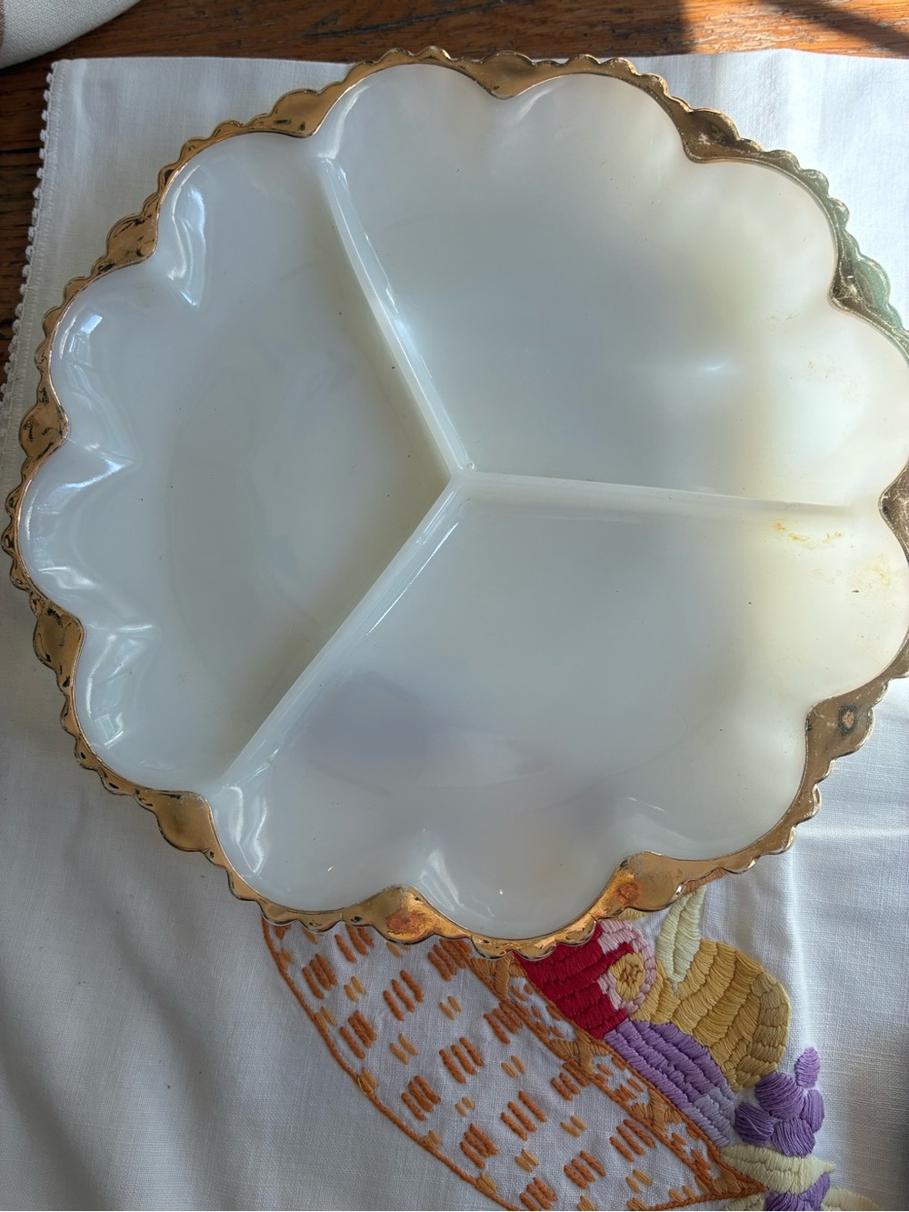 Milk Glass Divided Serving Dish with Gold Trim